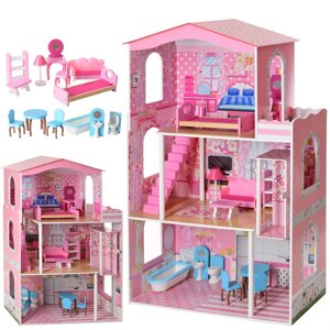 Дерев'яний триповерховий будиночок для ляльок Bambi MD 2413 Ляльковий з меблями / рожевий**