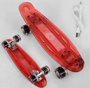 Скейт Пенні борд Best Board S-30966 прозора дека зі світлом / колеса ПУ зі світлом / зарядка USB / червоний
