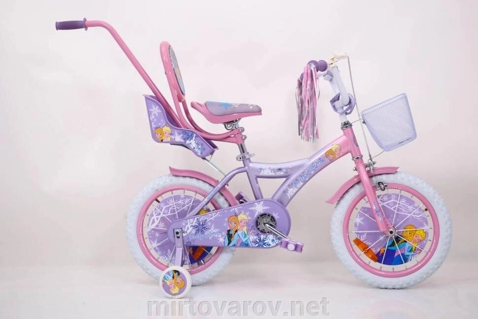 Велосипед для дівчинки 14 дюймів Ice Frozen Холодне Серце з сидінням для ляльки та кошиком, фіолетовий від компанії Мір товарів - фото 1
