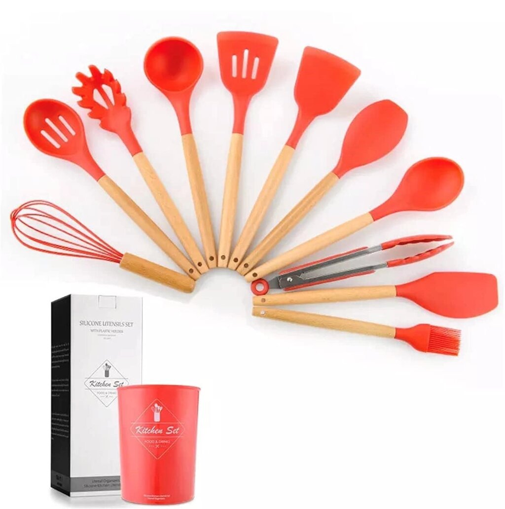 Набір кухонних предметів Silicone kitchen utensils set 12 Червоний від компанії Роман Противень - фото 1