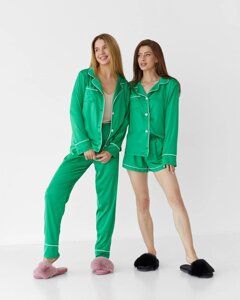 Коплект жіночій шовковий трійка, сорочка з шортами і штанами S, зелений