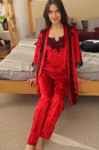 Піжама жіноча велюрова з халатом 5в 1 Червоний, S Бежевий
