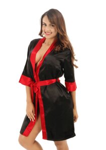 Жіночий атласний халат під пояс довжина 90см чорний із червоними манжетами, XS