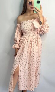 Жіноче літнє міді плаття муслін Рожеве, гілочки, XS-S