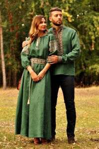 Вражаючий набір - чоловіча вишивка глибокого зеленого відтінку та вишите жіноче плаття