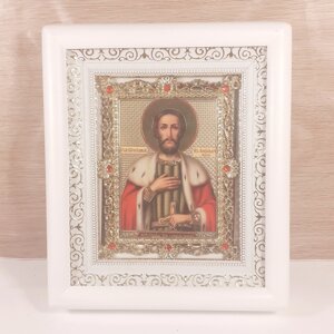 Ікона Олександр Невський святий благовірний князь, лик 10х12 см, у білому дерев'яному кіоті з каменю