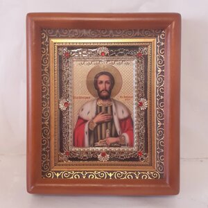 Ікона Олександр Невський святий благовірний князь, лик 10х12 см, у коричневому дерев'яному кіоті з камінням