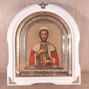 Ікона Олександр Невський святий благовірний князь, лик 15х18 см, у білому дерев'яному кіоті, арка