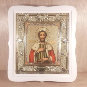 Ікона Олександр Невський святий благовірний князь, лик 15х18 см, у білому фігурному дерев'яному кіоті, тип 2.