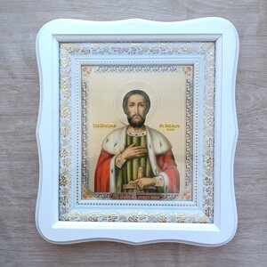 Ікона Олександр Невський святий благовірний князь, лик 15х18 см, у білому фігурному дерев'яному кіоті, тип 3