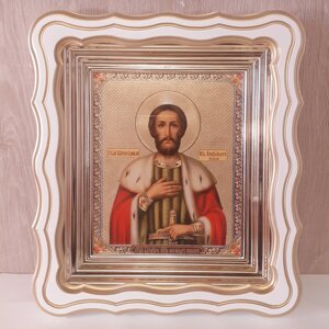Ікона Олександр Невський святий благовірний князь, лик 15х18 см, у білому фігурному дерев'яному кіоті