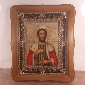 Ікона Олександр Невський святий благовірний князь, лик 15х18 см, у світлому дерев'яному кіоті з камінням