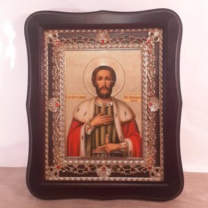 Ікона Олександр Невський святий благовірний князь, лик 15х18 см, у темному дерев'яному кіоті з камінням