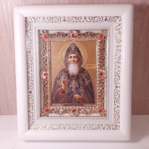 Ікона Амфілохію Почаївському святому преподобному, лик 10х12 см, у білому дерев'яному кіоті з камінням