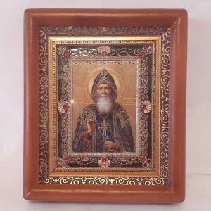 Ікона Амфілохію Почаївському святому преподомному, лик 10х12 см, у коричневому дерев'яному кіоті з камінням