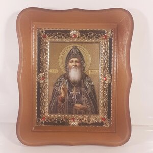 Ікона Амфілохію Почаївському святому преподомному, лик 10х12 см, у світлому дерев'яному кіоті з камінням