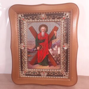 Ікона Андрій Першозваний апостол, лик 15х18 см, у світлому дерев'яному кіоті з камінням