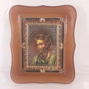 Ікона Андрій Першозваний святий апостол, лик 10х12 см, у світлому дерев'яному кіоті з камінням