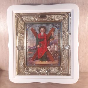 Ікона Андрій Першозваний святий апостол, лик 15х18 см, у білому фігурному дерев'яному кіоті, тип 2.