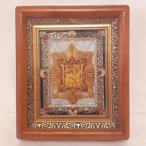 Ікона Божої Матері Почаївська, лик 10х12 см, у коричневому дерев'яному кіоті з камінням