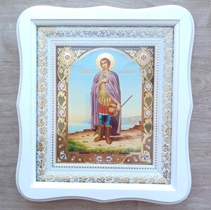 Ікона Дмитро Солунський святий великомученик, лик 15х18 см, у білому фігурному дерев'яному кіоті, тип 3