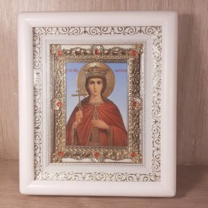 Ікона Катерина свята великомучениця, лик 10х12 см, у білому дерев'яному кіоті з камінням