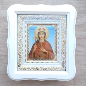 Ікона Катерина свята великомучениця, лик 10х12 см, у білому фігурному дерев'яному кіоті