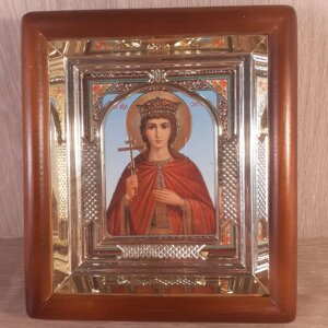 Ікона Катерина свята великомучениця, лик 10х12 см, у світлому прямому дерев'яному кіоті з арочним багетом