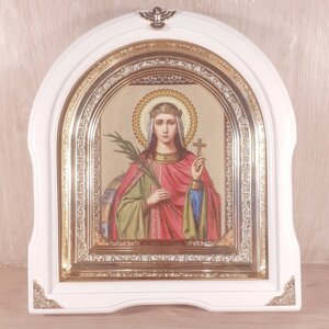 Ікона Катерина свята великомучениця, лик 15х18 см, у білому дерев'яному кіоті, арка