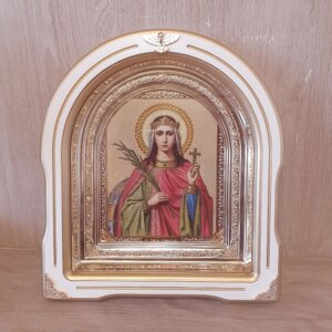 Ікона Катерина свята великомучениця, лик 15х18 см, у білому дерев'яному кіоті зі вставками, арка