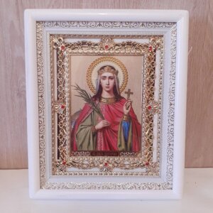 Ікона Катерина свята великомучениця, лик 15х18 см, в білому кіоті з камінням