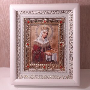 Ікона Олена свята рівноапостольна цариця, лик 10х12 см, у білому дерев'яному кіоті з камінням