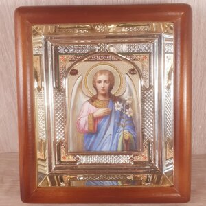 Ікона Гавриїл архангел, лик 10х12 см, у світлому прямому дерев'яному кіоті з арочним багетом