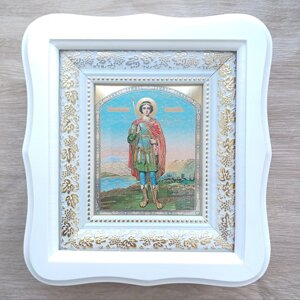 Ікона Георгій Побідоносець святий великомученик, лик 10х12 см, у білому фігурному дерев'яному кіоті