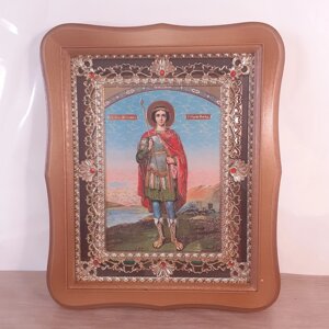 Ікона Георгію святому великомученику та переможцю, лик 15х18 см, у світлому дерев'яному кіоті з камінням