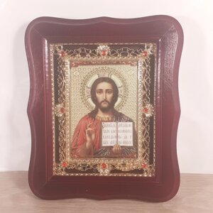 Ікона Господа Вседержителя, лик 10х12 см, у темному дерев'яному кіоті з камінням
