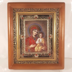 Ікона Густинська чудотворна Божої матері, лик 10х12 см, у коричневому дерев'яному кіоті з камінням