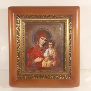 Ікона Густинська Чудотворна Пресвята Богородиця, лик 10х12 см, в коричневому дерев'яному кіоті