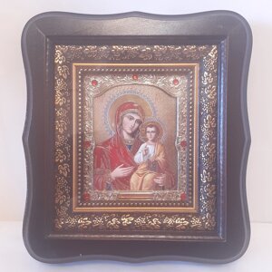 Ікона Густинська Чудотворна Пресвята Богородиця, лик 10х12 см, у темному дерев'яному кіоті зі вставками