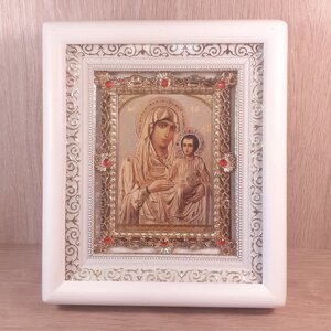 Ікона Єрусалимська Пресвята Богородиця, лик 10х12 см, у білому дерев'яному кіоті з камінням