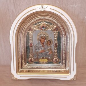 Ікона Єрусалимська Пресвята Богородиця, лик 15х18 см, у білому дерев'яному кіоті зі вставками, арка