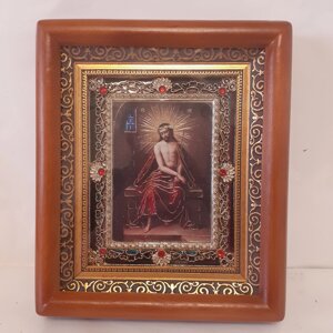 Ікона Ісус Христос у терновому вінці, лик 10х12 см, у коричневому дерев'яному кіоті з камінням