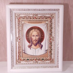 Ікона Ісуса Христа Нерукотворний Образ, лик 15х18 см, в білому кіоті з камінням