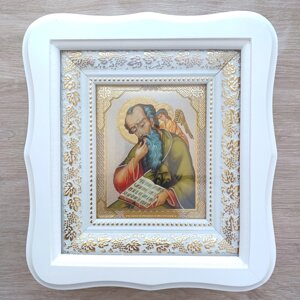 Ікона Іоанн Богослов апостол святий, лик 10х12 см, у білому фігурному дерев'яному кіоті