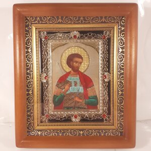 Ікона Іоанн воїн святий, лик 10х12 см, у коричневому дерев'яному кіоті з камінням