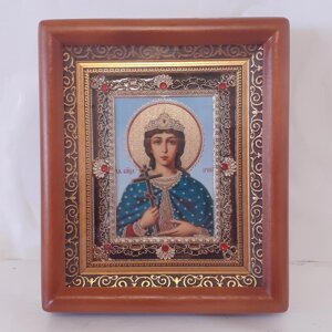 Ікона Ірина свята великомучениця, лик 10х12 см, у коричневому дерев'яному кіоті з камінням