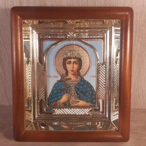 Ікона Ірина свята великомучениця, лик 10х12 см, у світлому прямому дерев'яному кіоті з арочним багетом