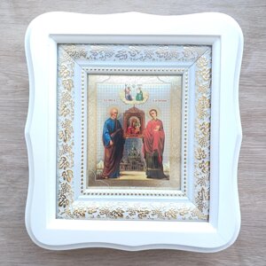 Ікона Позбавниця Пресвята Богородиця, лик 10х12 см, у білому фігурному дерев'яному кіоті