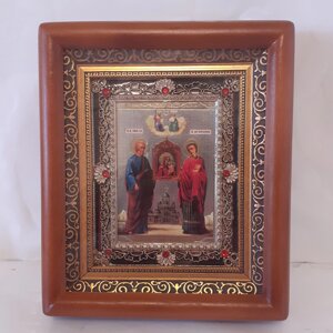 Ікона Визволителька Пресвята Богородиця, лик 10х12 см, у коричневому дерев'яному кіоті з камінням