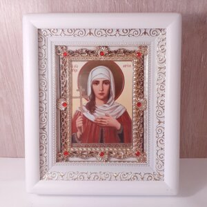Ікона Лариса свята великомучениця, лик 10х12 см, у білому дерев'яному кіоті з камінням